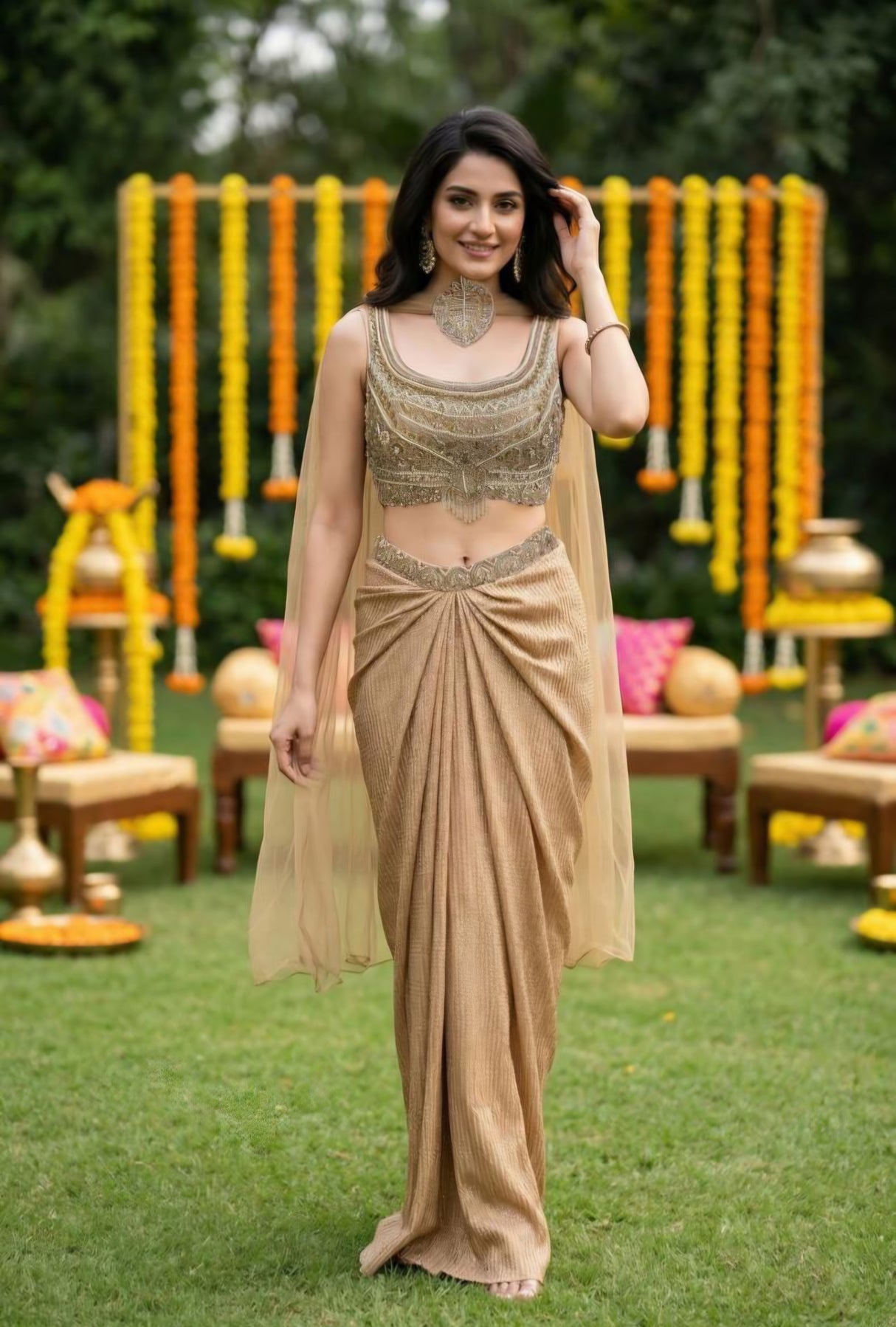 Champagne Gold Drape Luxe Saree Couture Ensemble