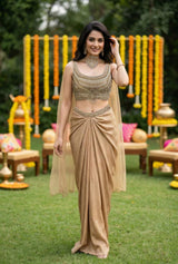 Champagne Gold Drape Luxe Saree Couture Ensemble