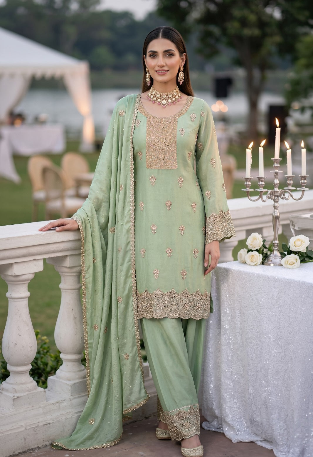 Sage Gold Embroidered Palazzo Couture Set