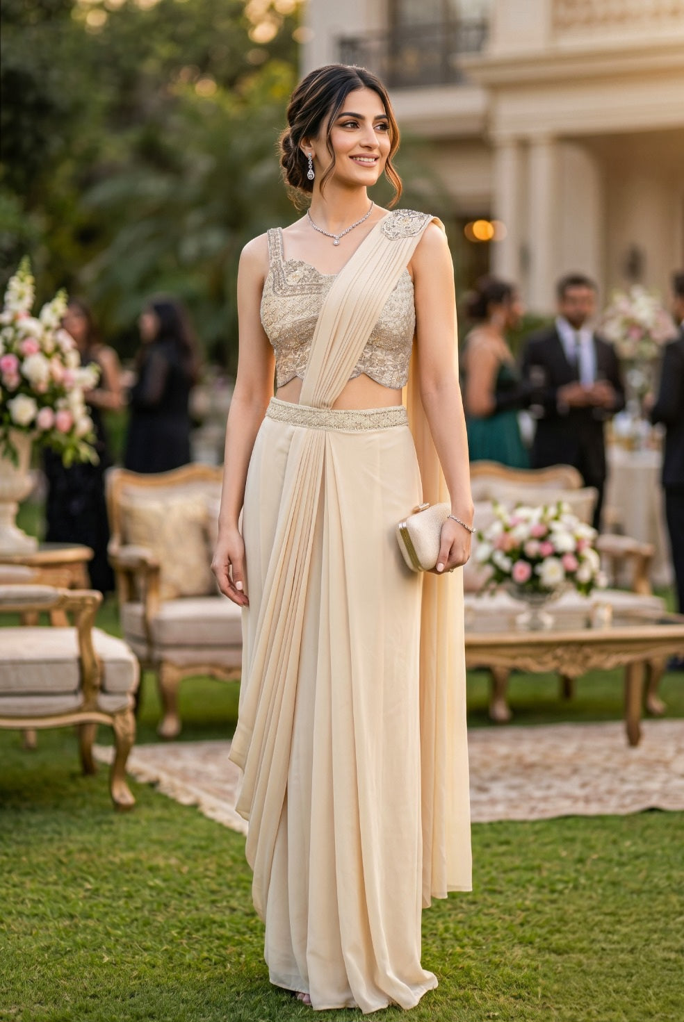Champagne Pearl Draped Saree Couture Set