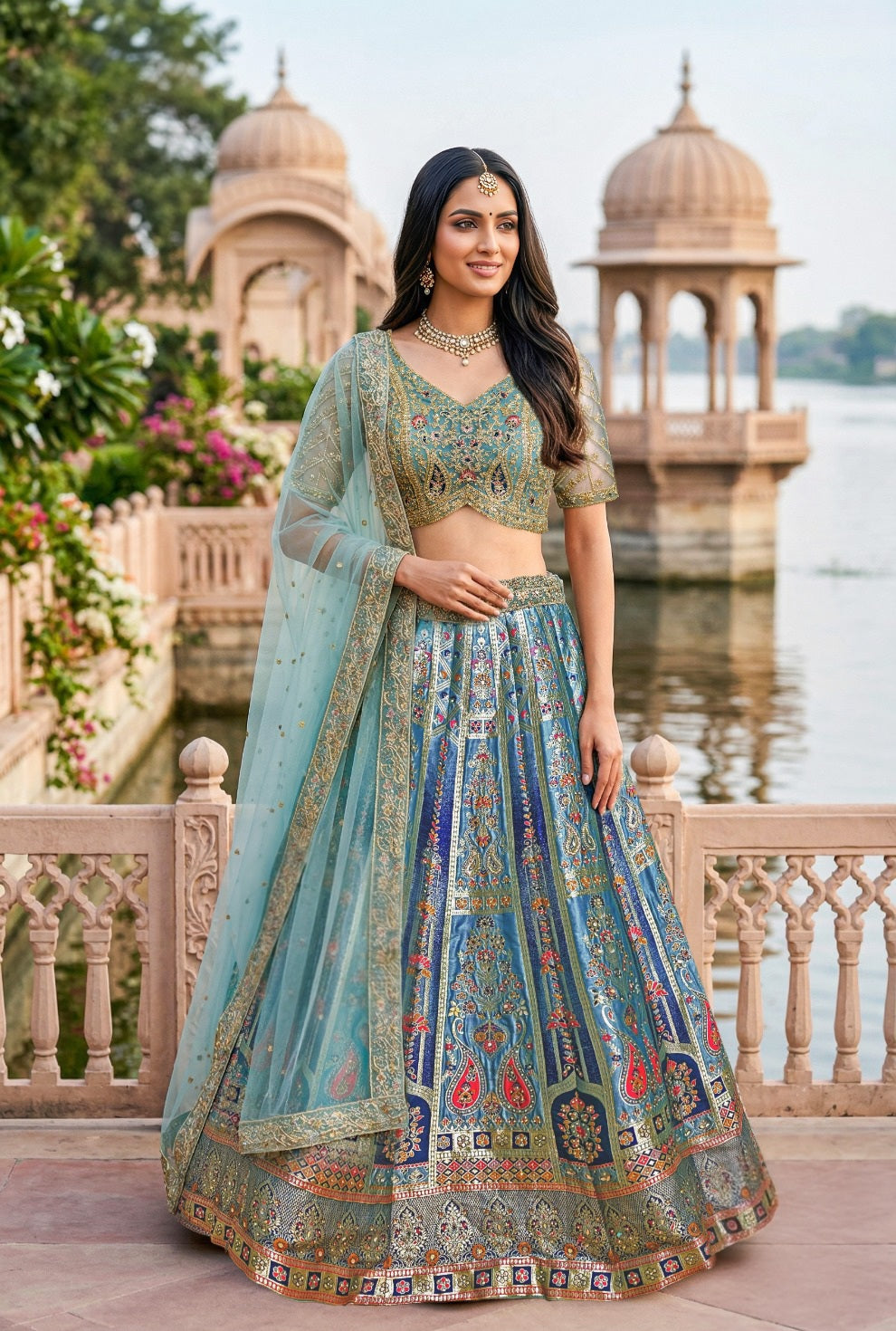 Aqua Heritage Printed Lehenga Couture Set