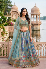 Aqua Heritage Printed Lehenga Couture Set