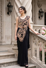 Noir Rose Embroidered Draped Saree Set