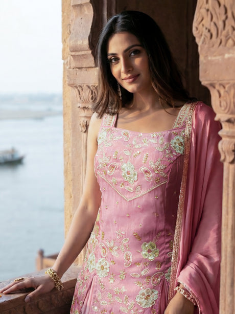 Rose Petal Embroidered Sharara Couture Set
