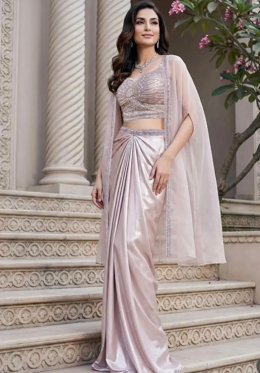 Blush Pearl Draped Saree Cape Set