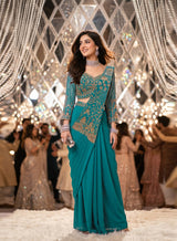 Teal Gold Draped Saree Ensemble