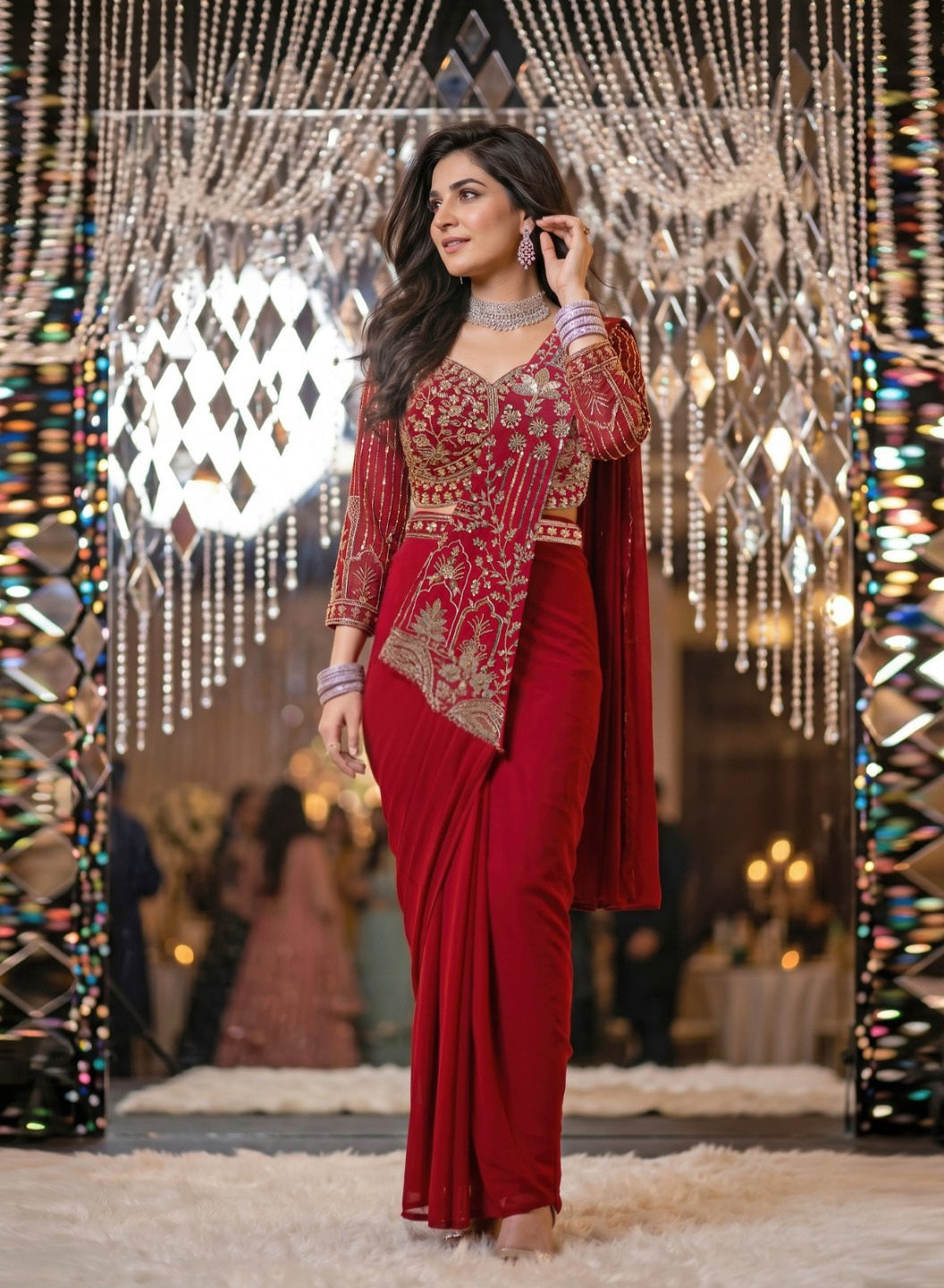 Crimson Gold Draped Saree Ensemble
