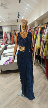 Midnight Blue Sequin Draped Saree Set