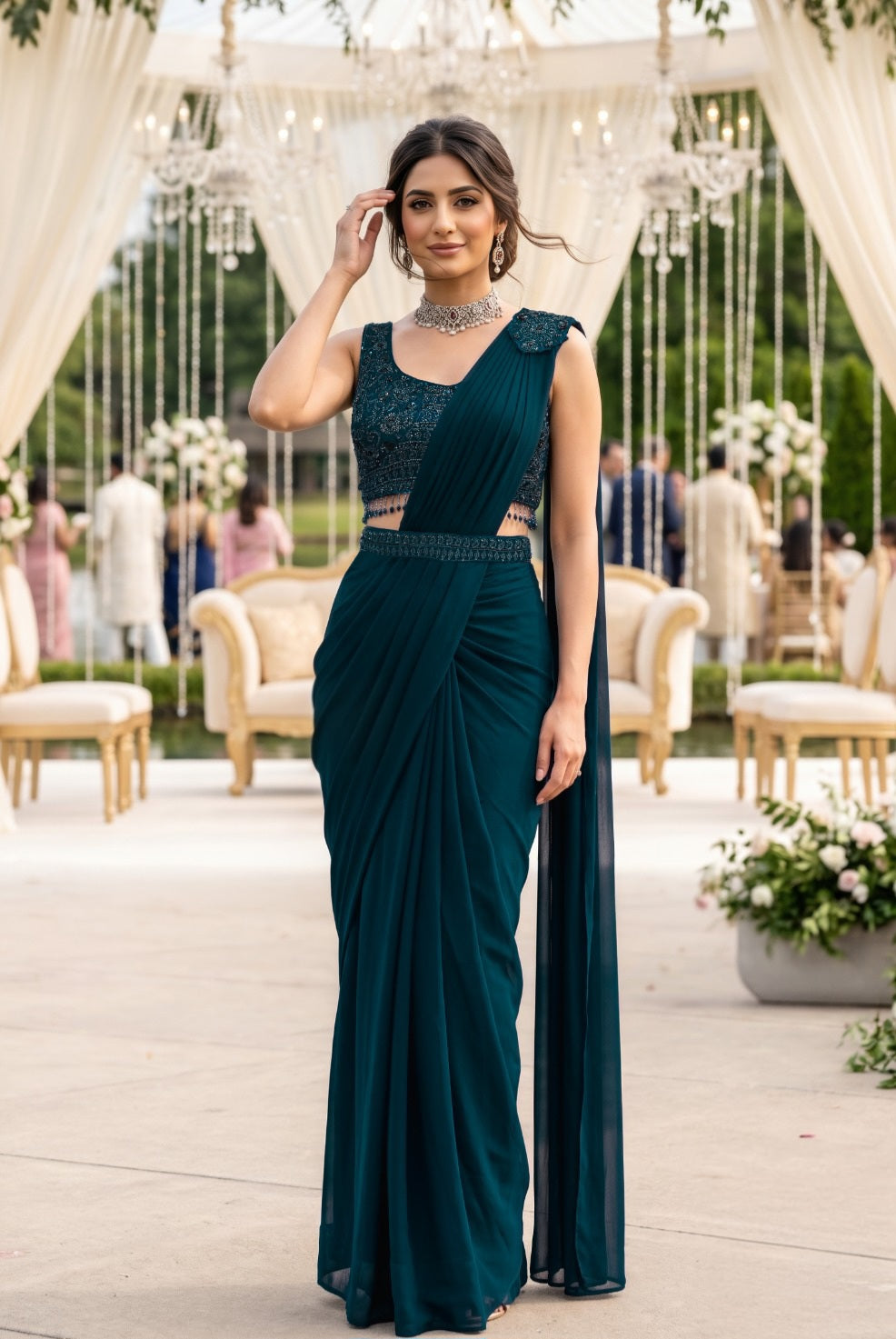 Emerald Teal Draped Saree Set