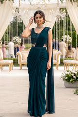 Emerald Teal Draped Saree Set