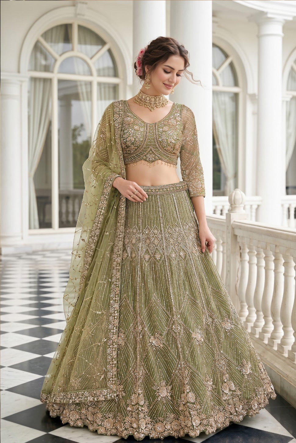 Olive Gold Embroidered Lehenga Set