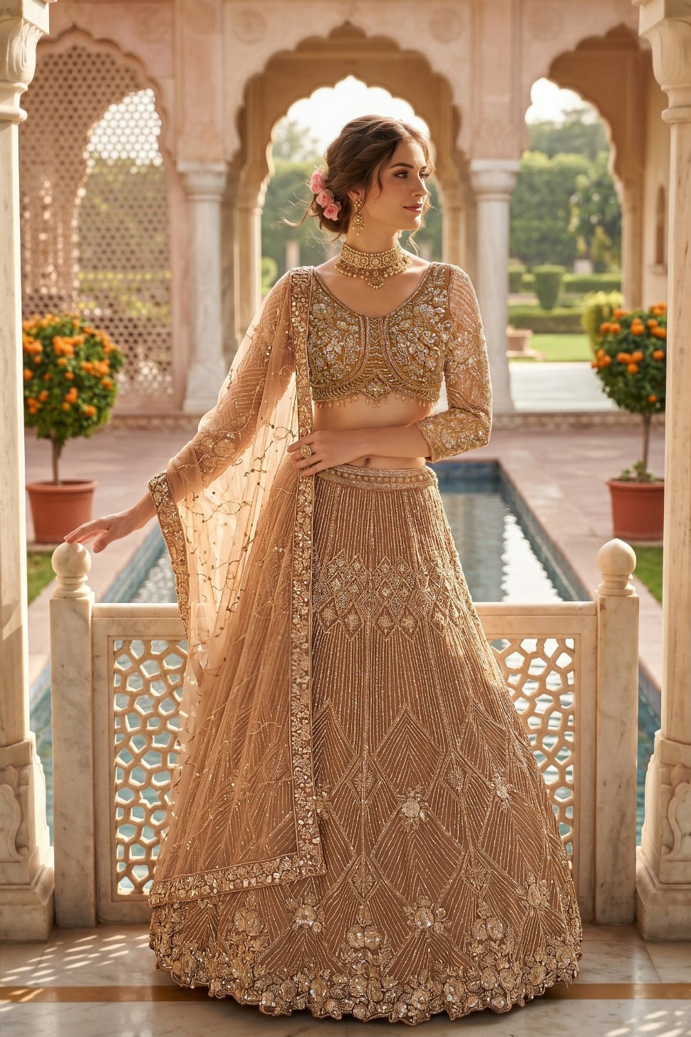 Champagne Gold Embroidered Lehenga Set