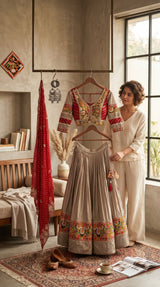 Taupe Red Kutchi Lehenga Set