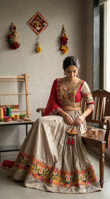 Taupe Red Kutchi Lehenga Set