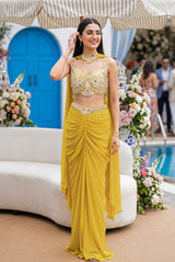 Lemon Gold Draped Saree Set