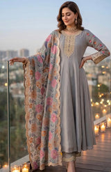 Grey Floral Anarkali Pant Set