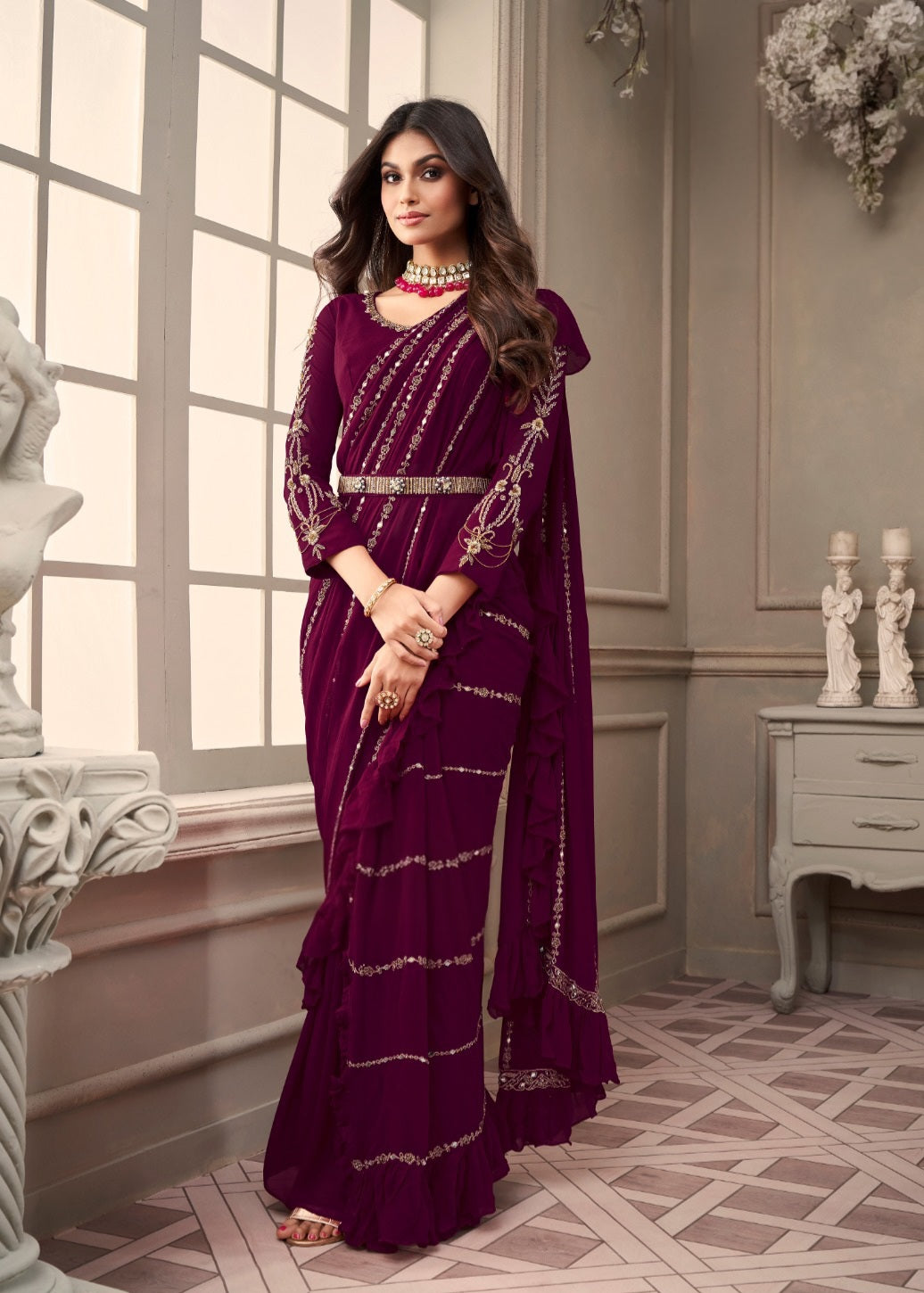 Wine Gold Ruffle Saree Set