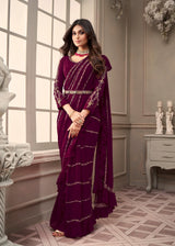 Wine Gold Ruffle Saree Set