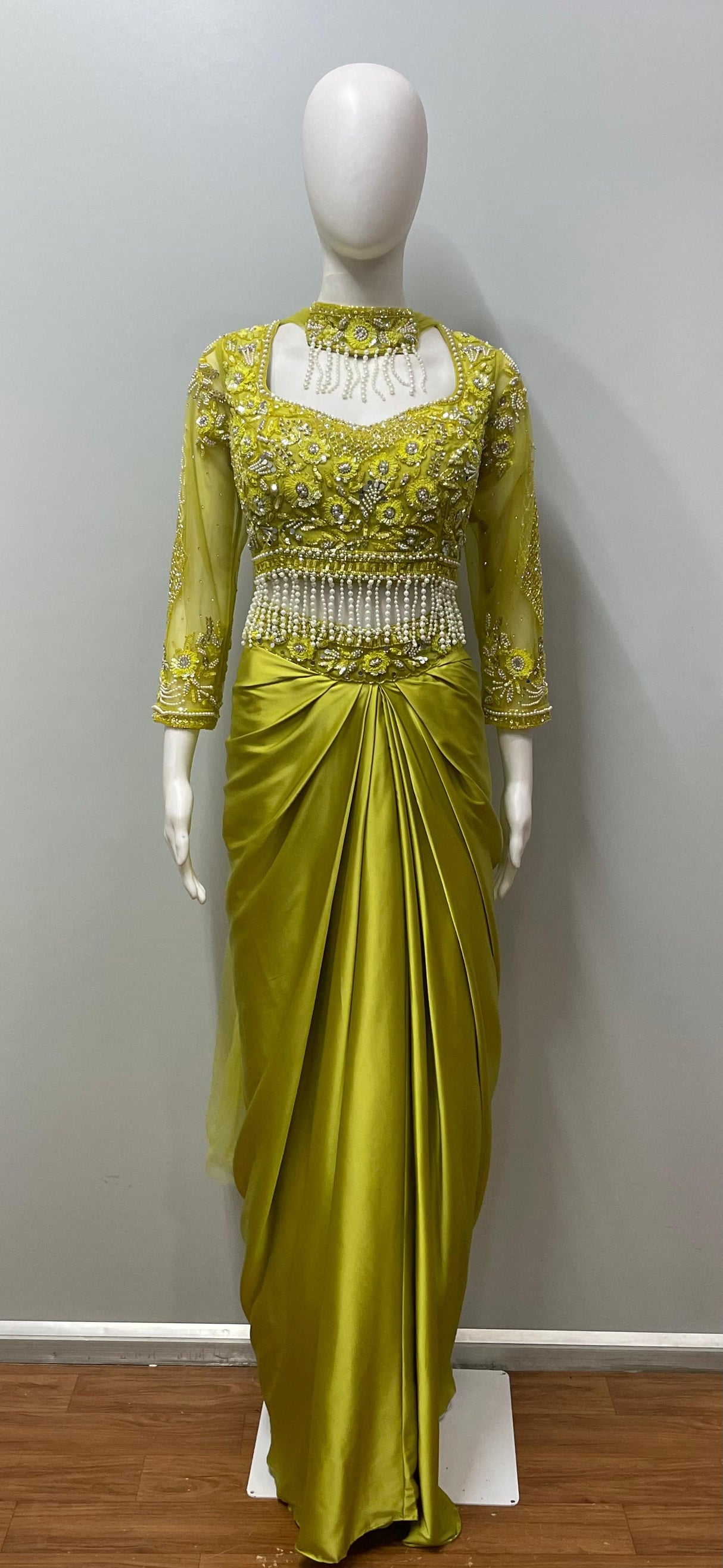 Chartreuse Pearl Draped Saree Set