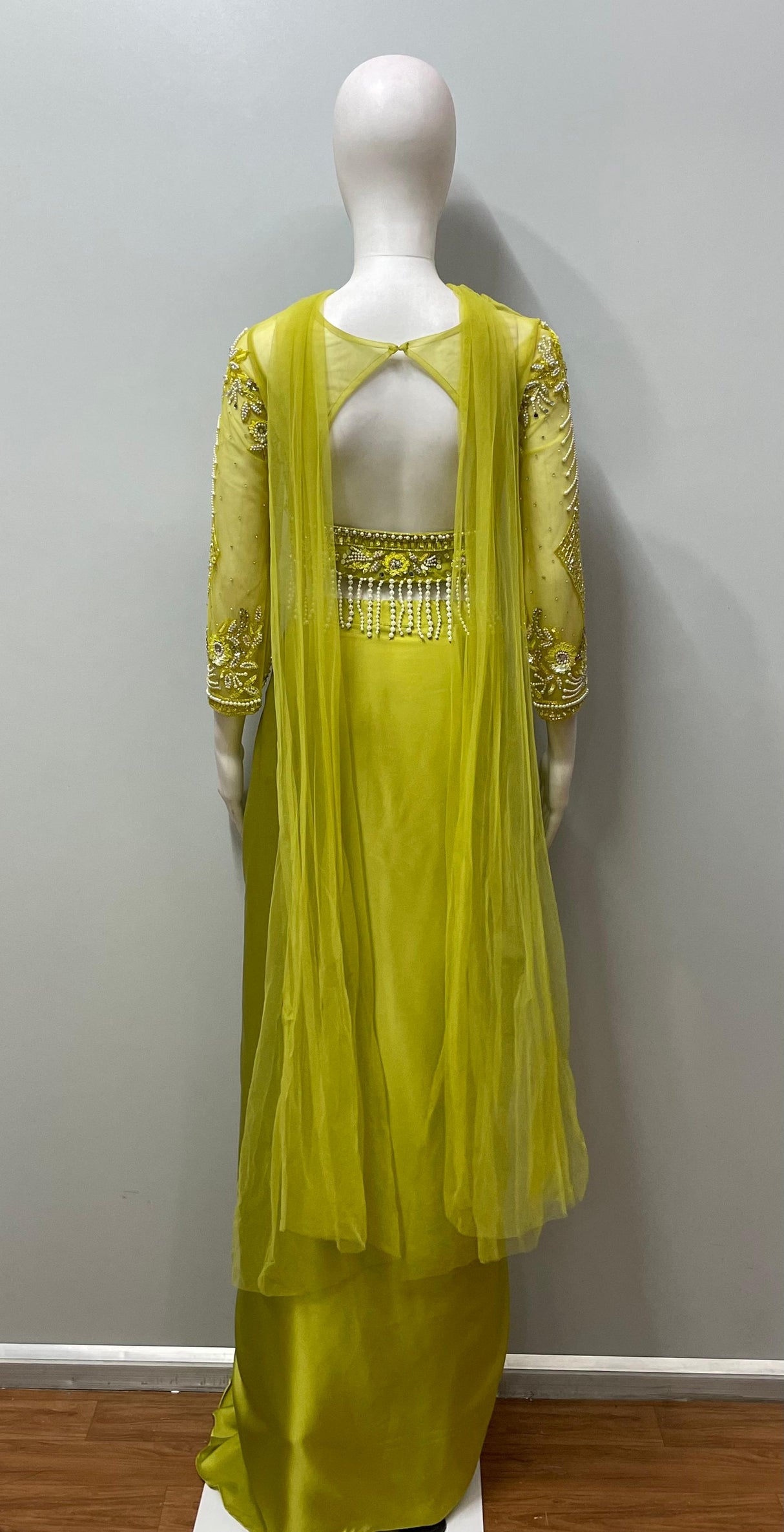 Chartreuse Pearl Draped Saree Set