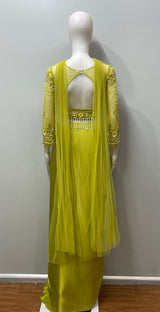 Chartreuse Pearl Draped Saree Set