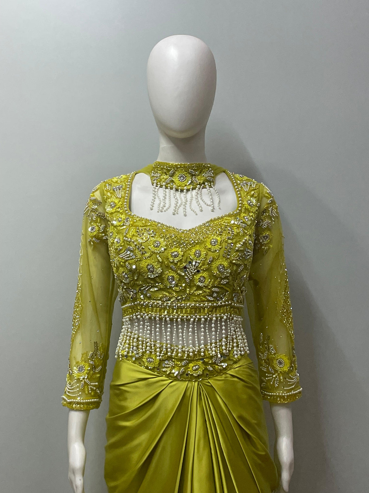 Chartreuse Pearl Draped Saree Set