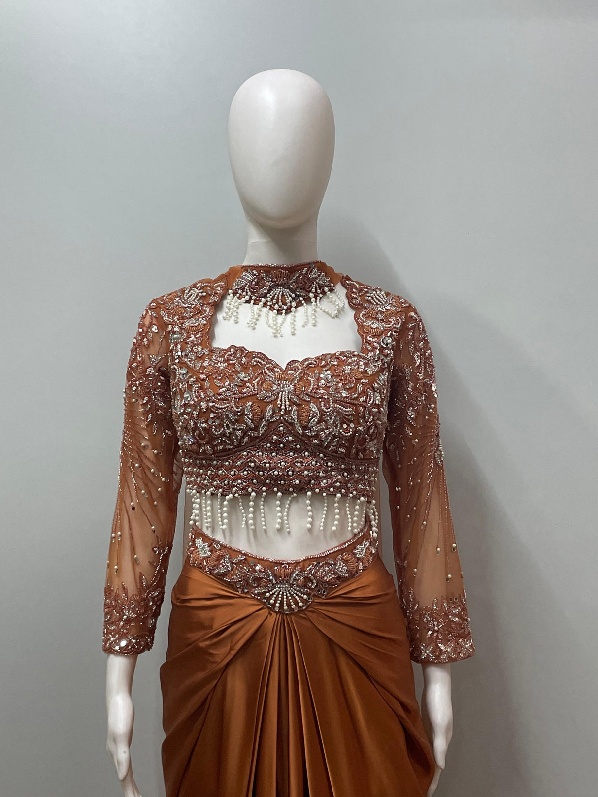 Copper Pearl Embroidered Draped Saree Set