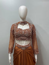 Copper Pearl Embroidered Draped Saree Set