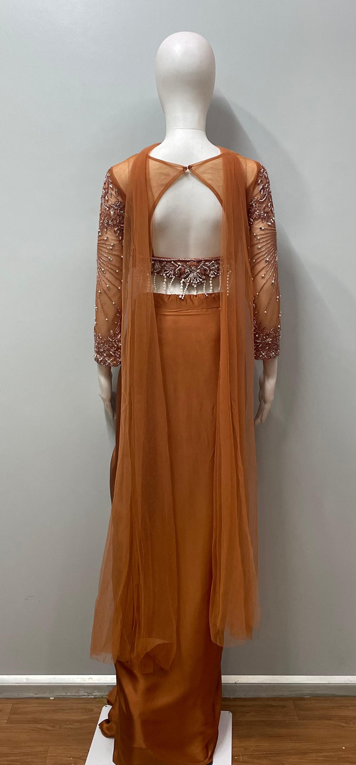 Copper Pearl Embroidered Draped Saree Set