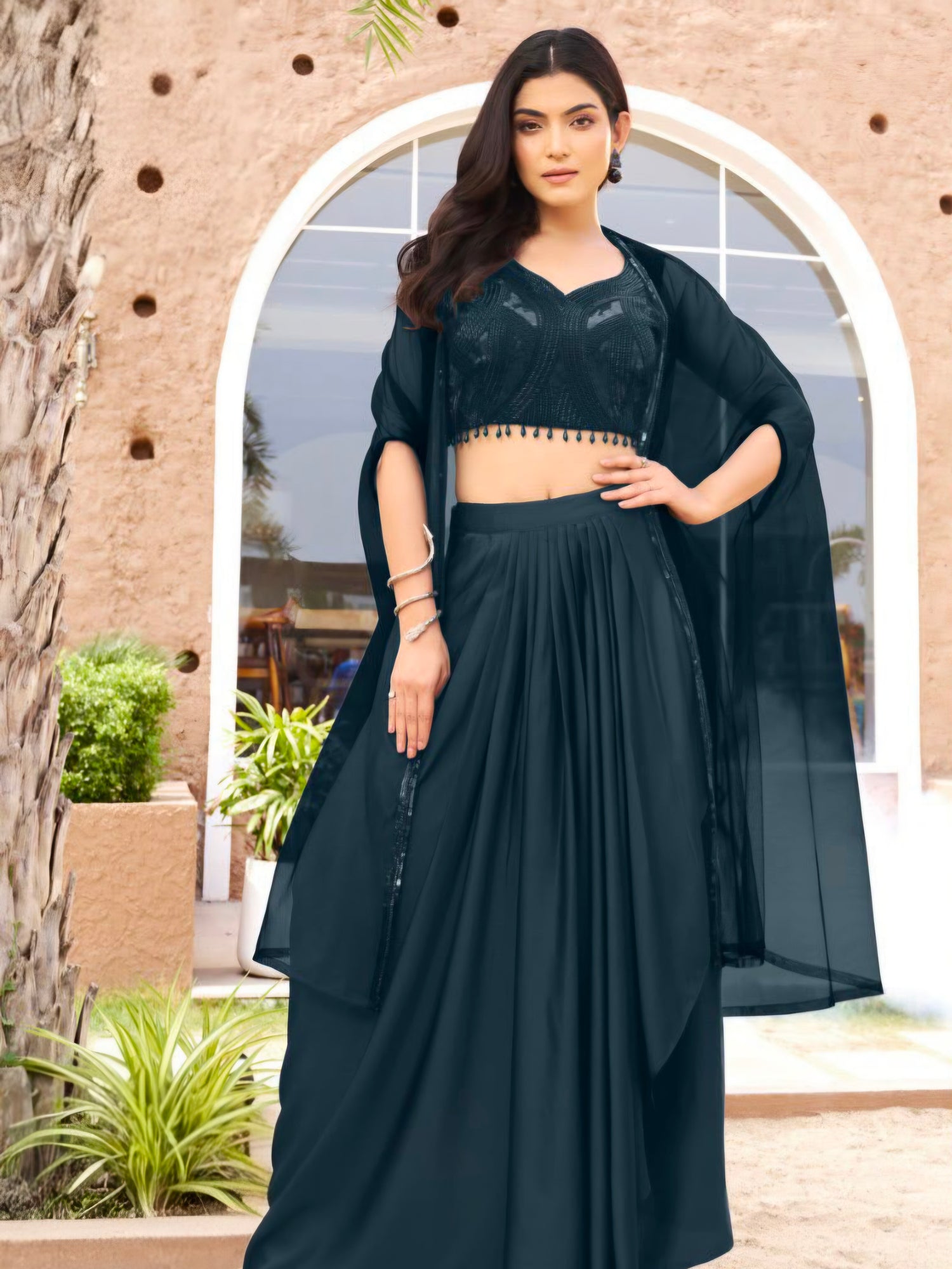 Midnight Teal Embroidered Cape Lehenga Set