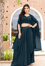 Midnight Teal Embroidered Cape Lehenga Set