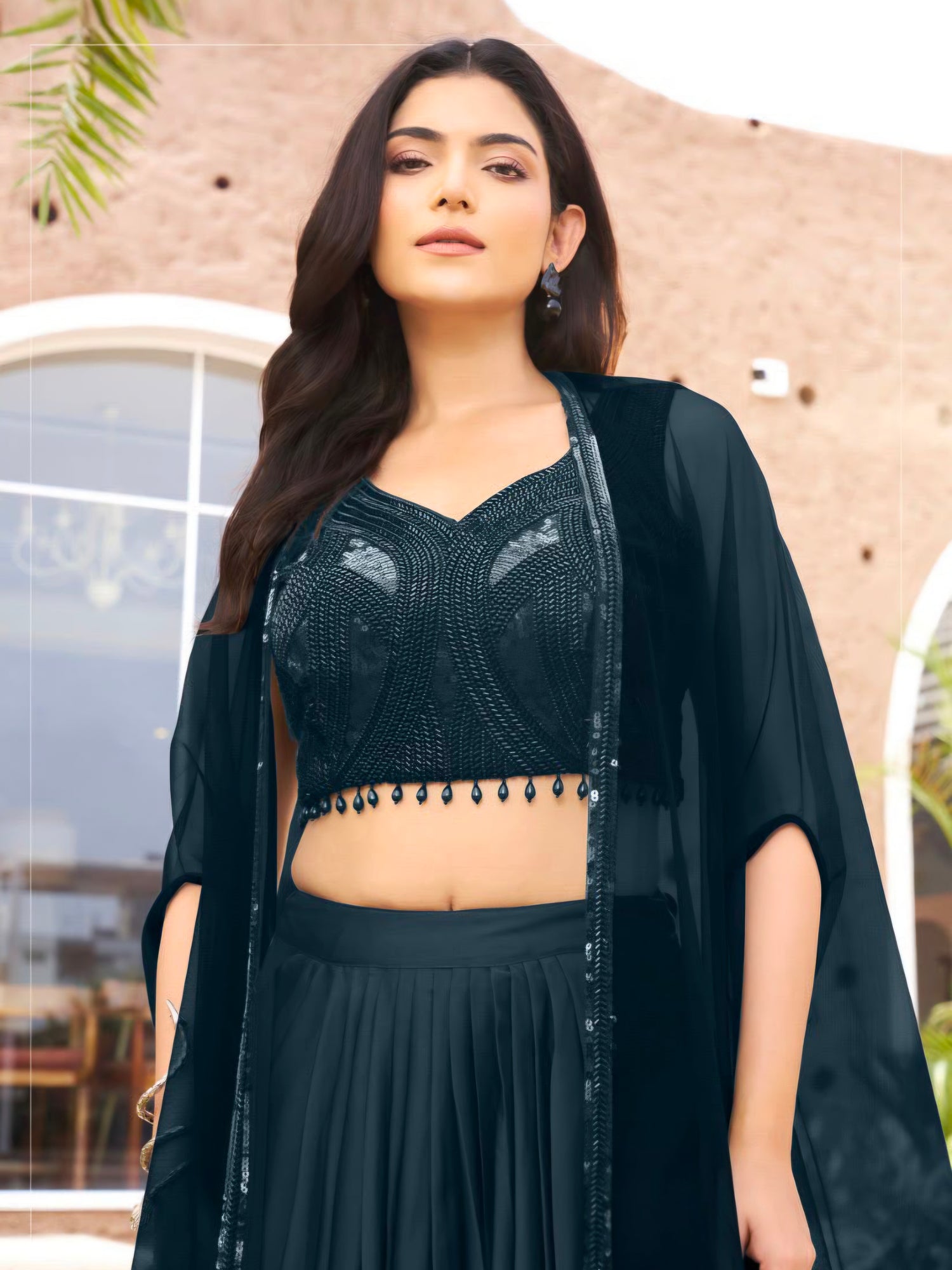 Midnight Teal Embroidered Cape Lehenga Set