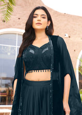 Midnight Teal Embroidered Cape Lehenga Set