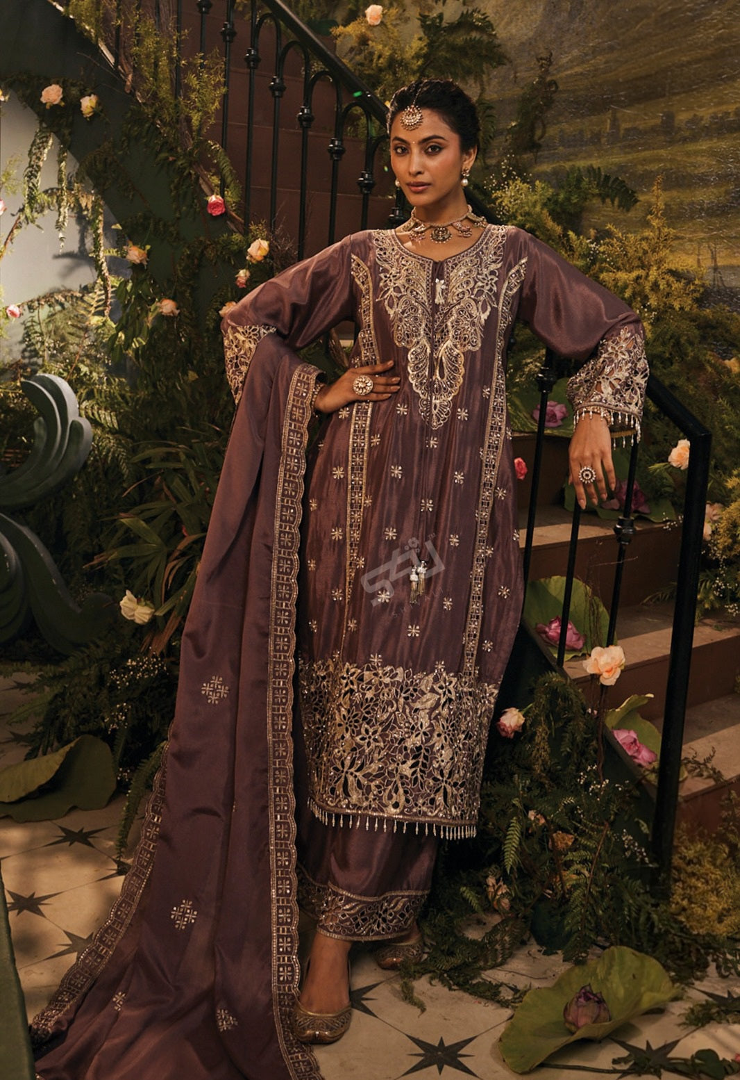 Mocha Zari Embroidered Palazzo Set