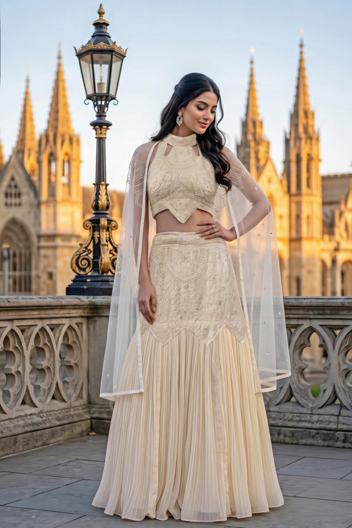 Ivory Celestial Embroidered Cape Lehenga Set