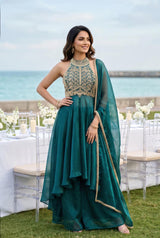 Emerald Gold Embroidered Flared Anarkali Set
