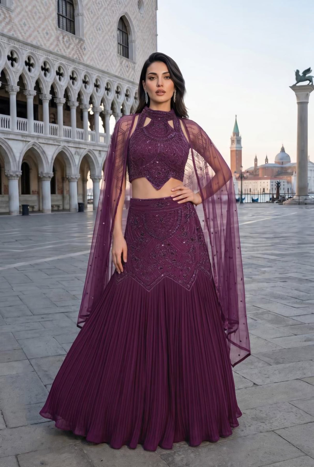 Plum Celestial Embroidered Cape Lehenga Set