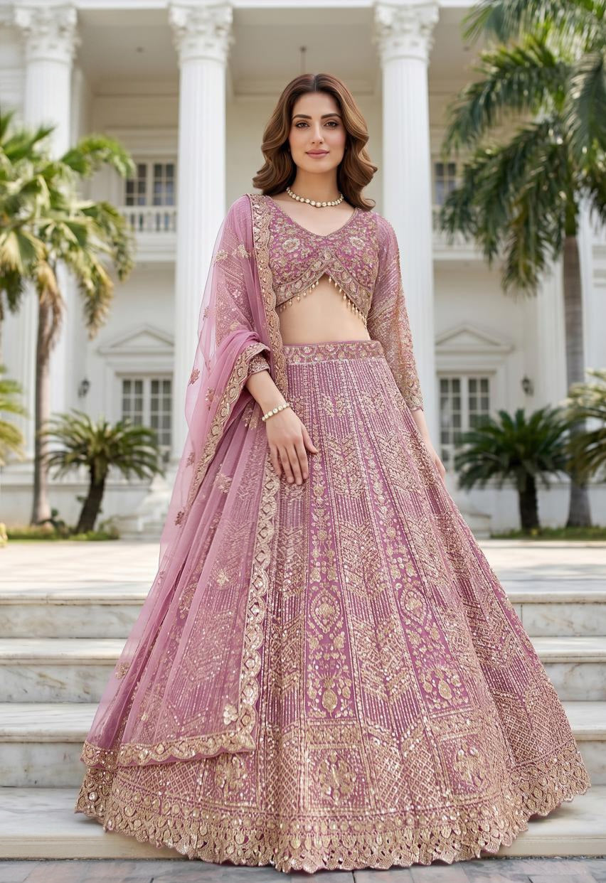 Dusty Mauve Gold Embroidered Lehenga Set