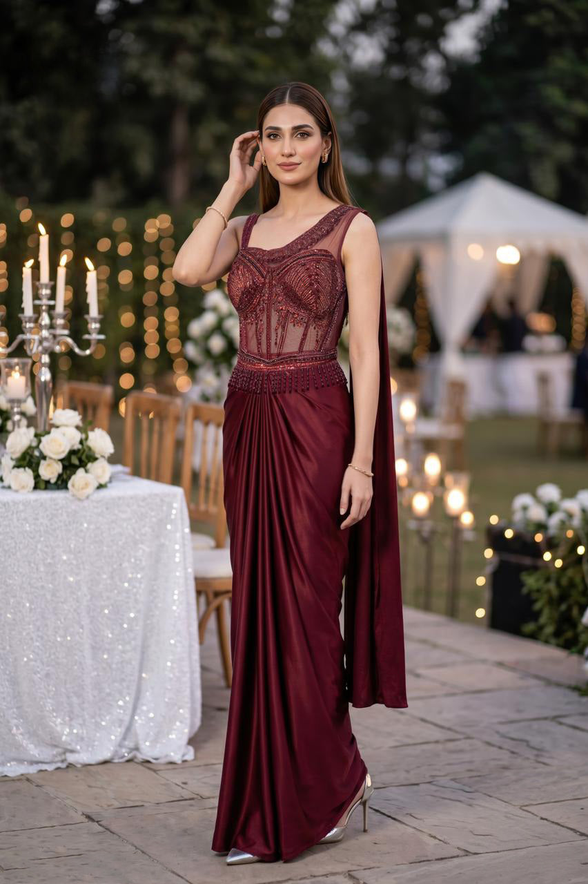 Burgundy Crystal Embellished Draped Saree Set