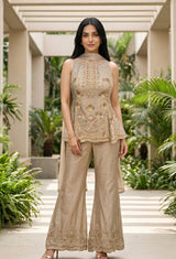 Champagne Gold Embroidered Peplum Palazzo Set