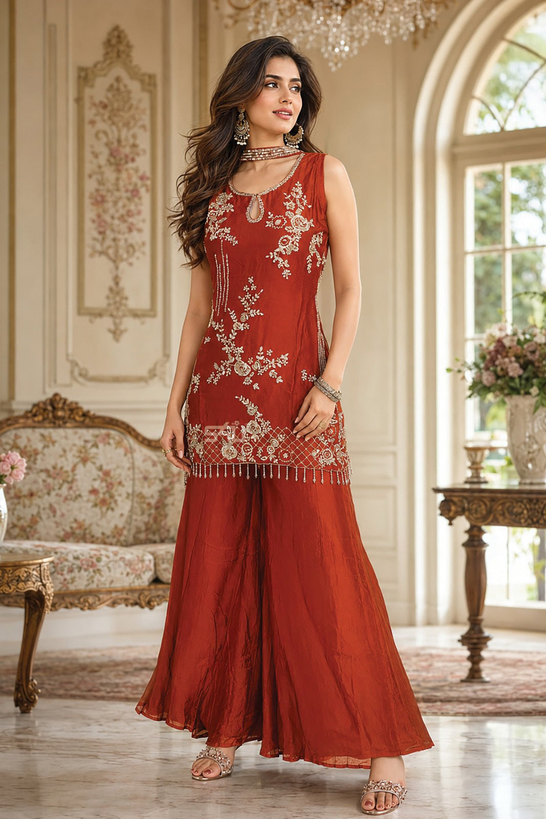 Burnt Orange Gold Embroidered Palazzo Set