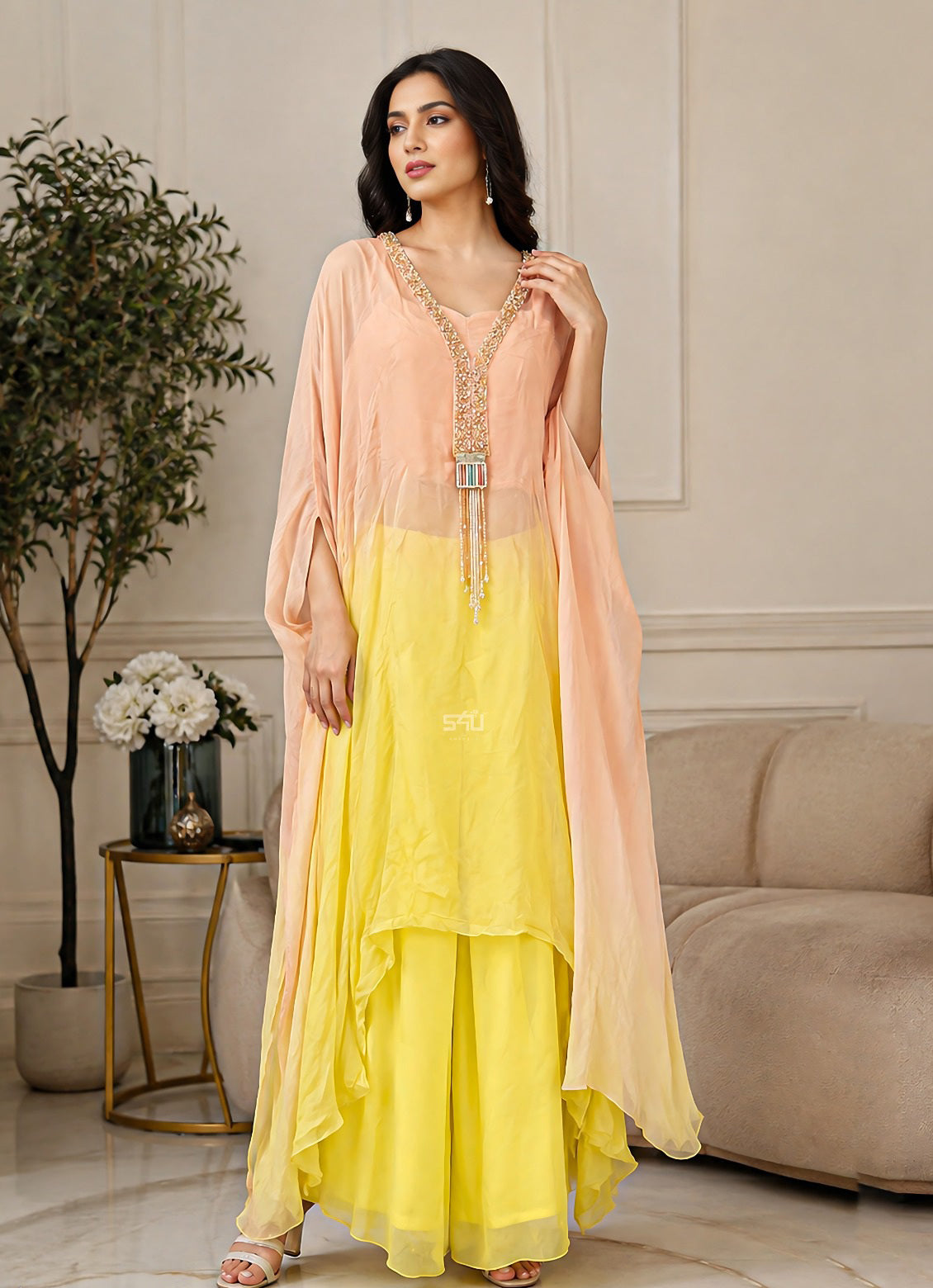 Peach Lemon Embellished Cape Palazzo Set