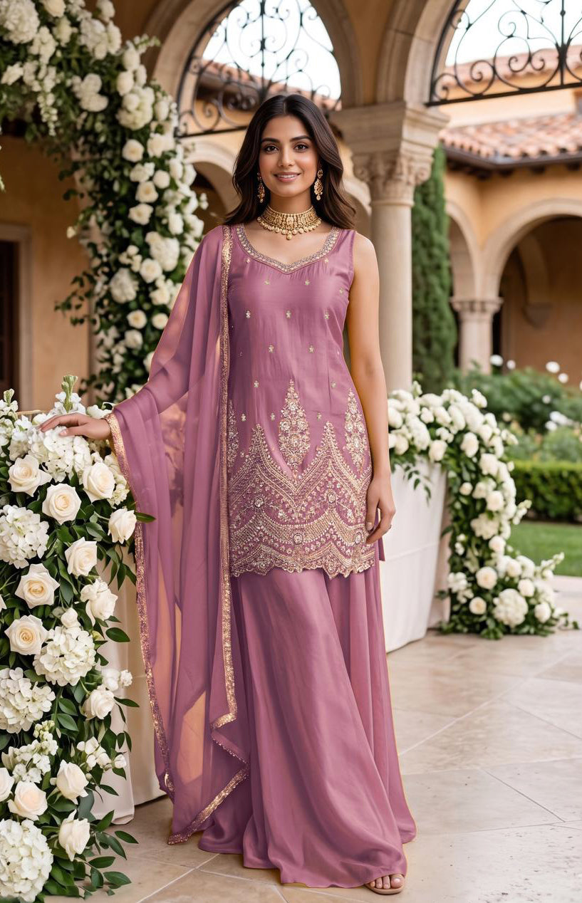 Mauve Gold Embroidered Sharara Suit Set