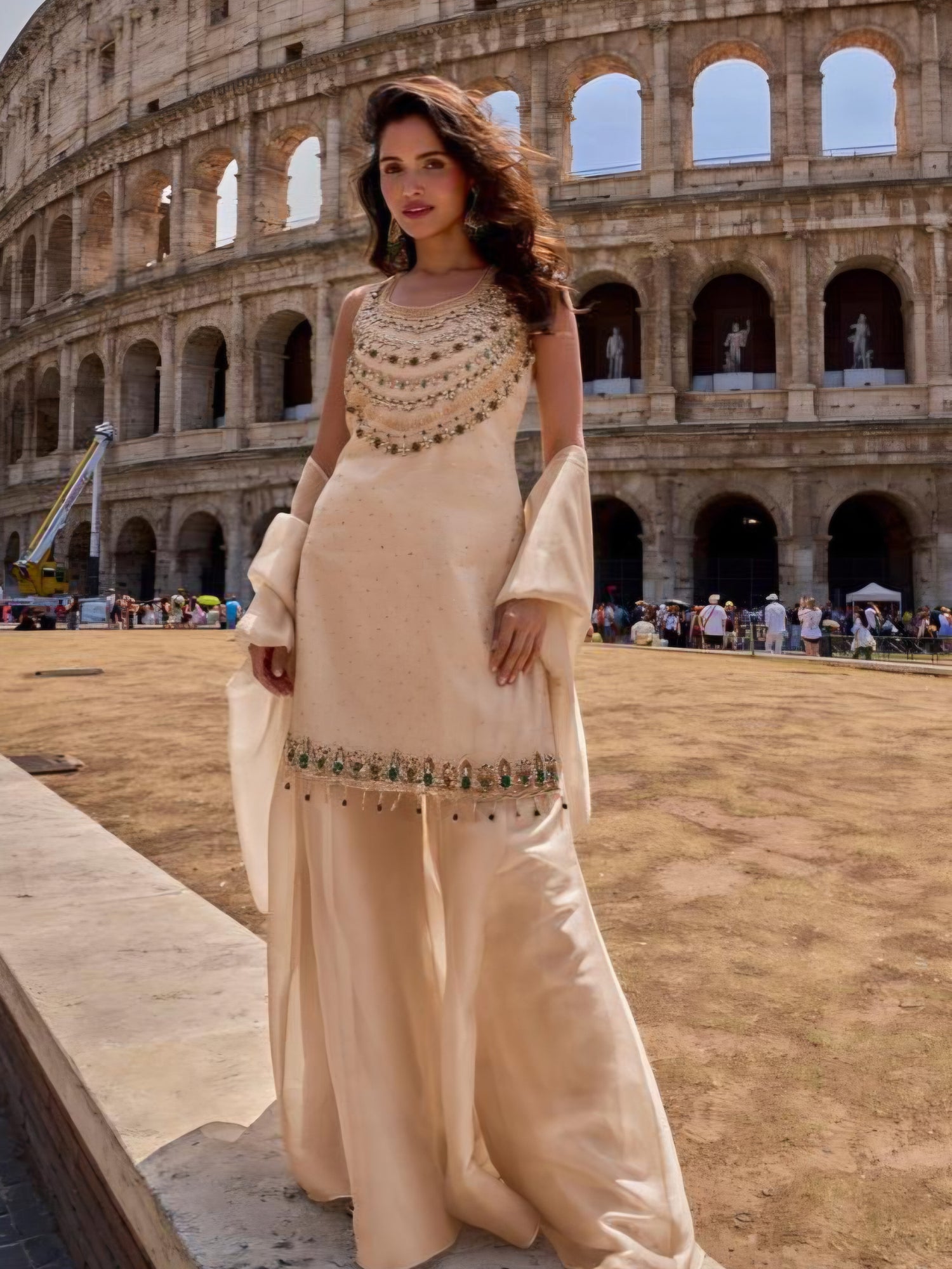 Ivory Emerald Embellished Palazzo Suit Set