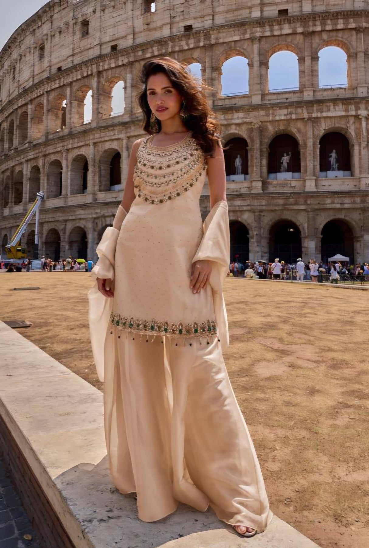Ivory Emerald Embellished Palazzo Suit Set