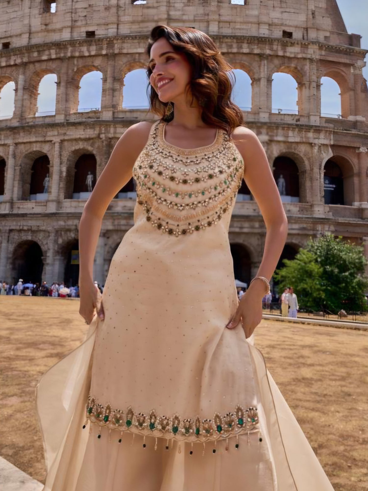 Ivory Emerald Embellished Palazzo Suit Set