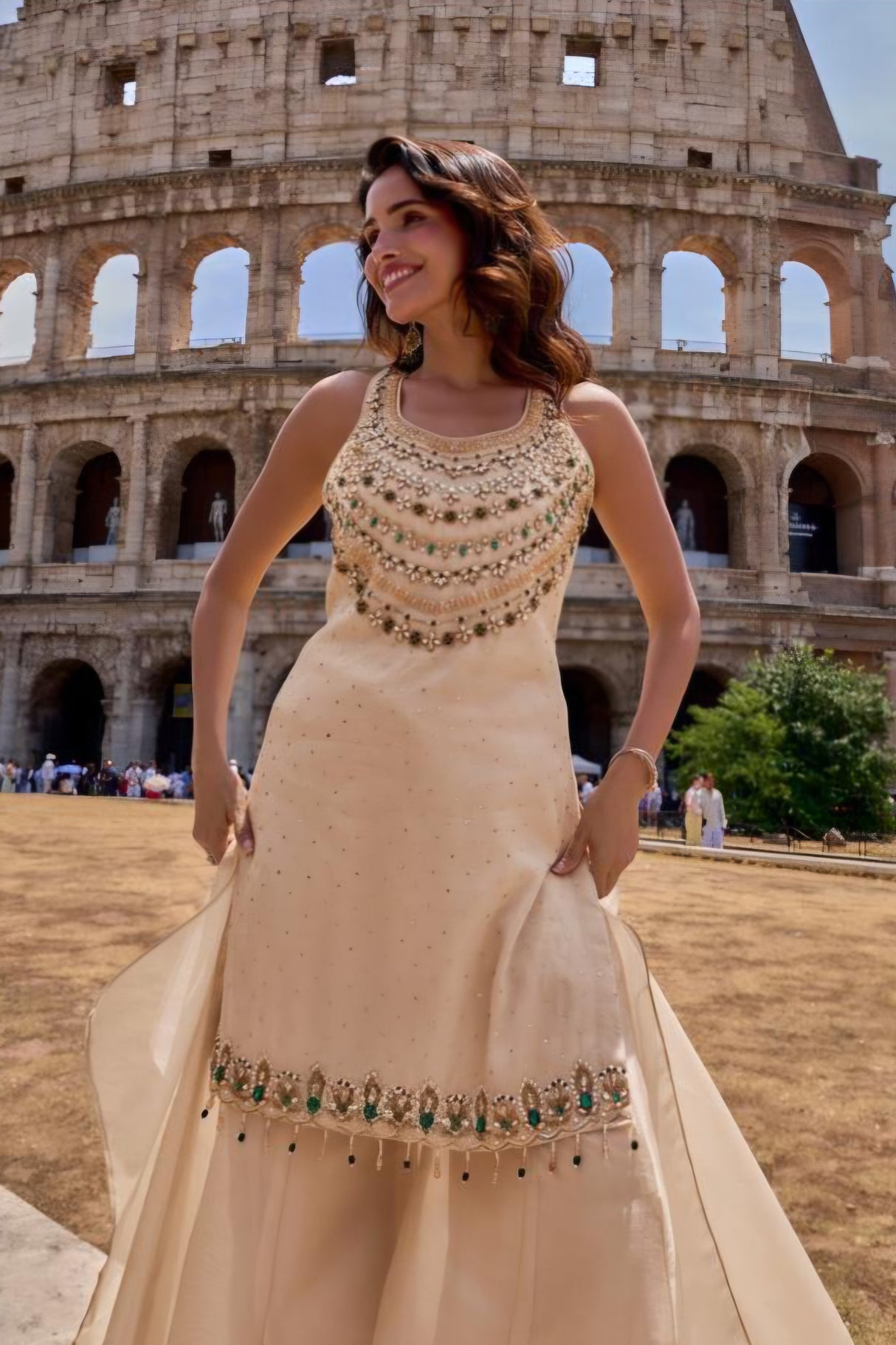 Ivory Emerald Embellished Palazzo Suit Set
