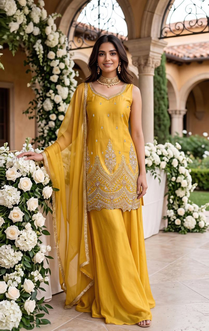 Mustard Gold Embroidered Sharara Suit Set