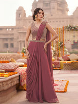 Mauve Gold Embroidered Draped Saree Set