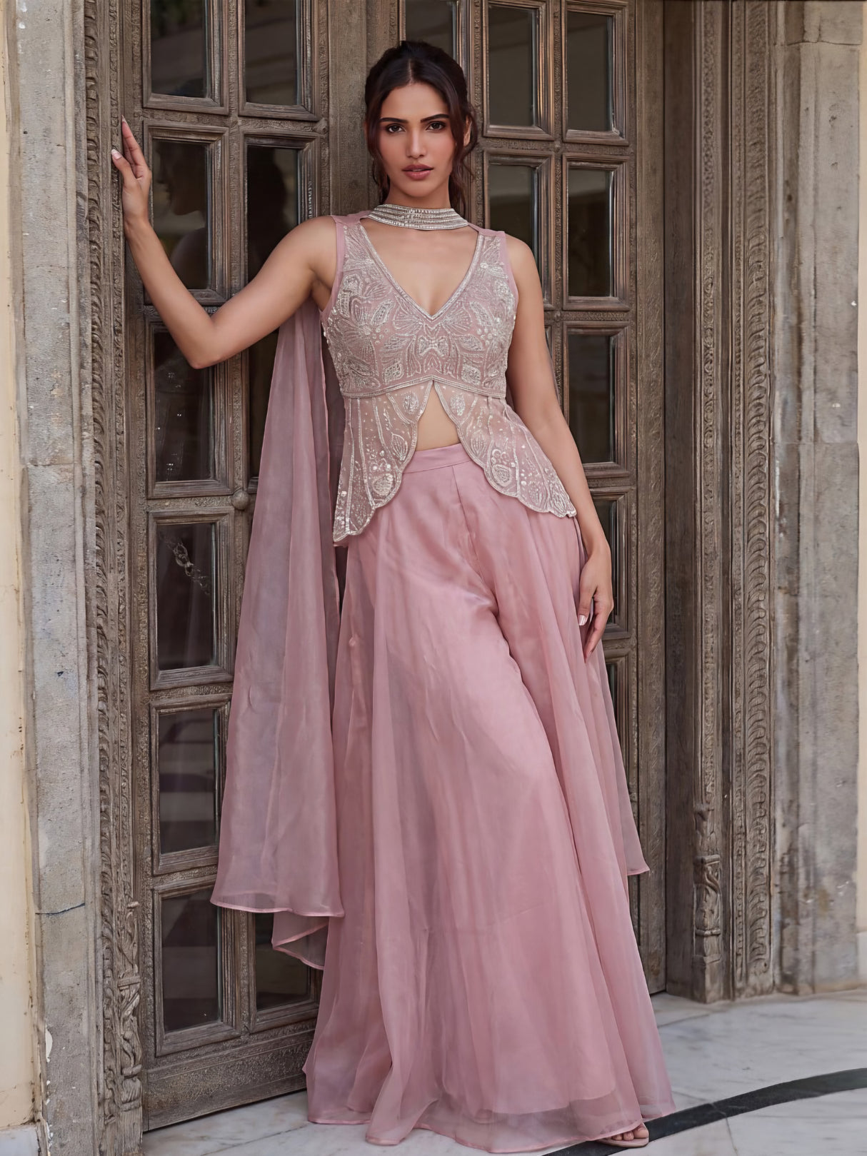 Dusty Pink Embroidered Palazzo Set